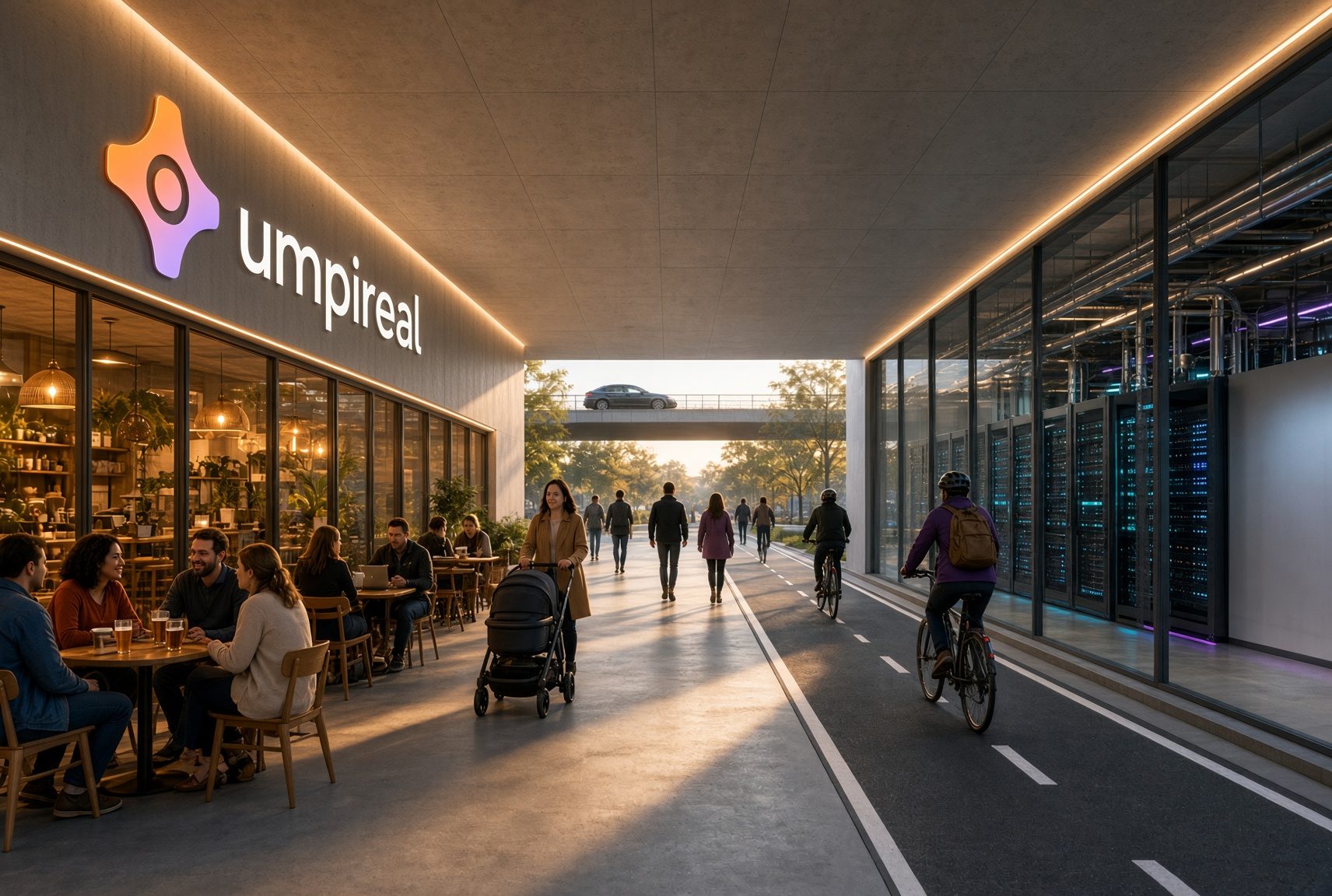 Render of the path through an Urban Computer at dusk: people drink coffee, tea and beer at a cafe on the left, walkers and cyclists pass through, and server racks are visible behind a glass wall on the right, beneath the concrete deck of the raised road