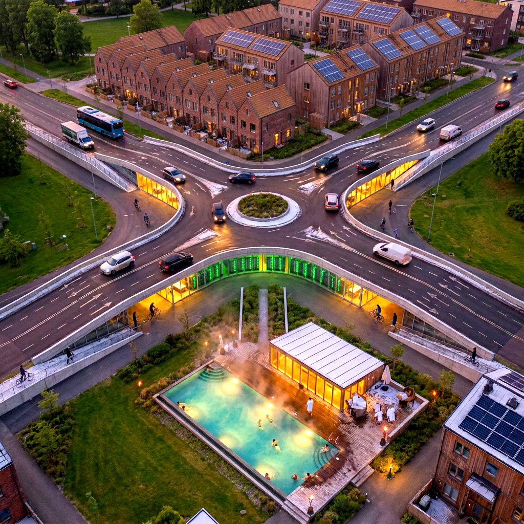 Render from above: a free-flow roundabout in a new housing development, with glazed rooms beneath the raised road, people cycling through, and a heated pool beside it