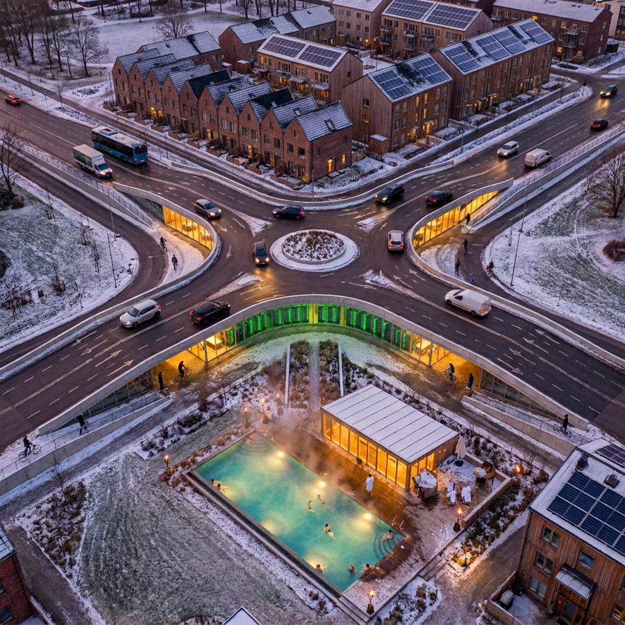 Aerial render in winter snow, with steam rising from a heated outdoor pool beside the junction