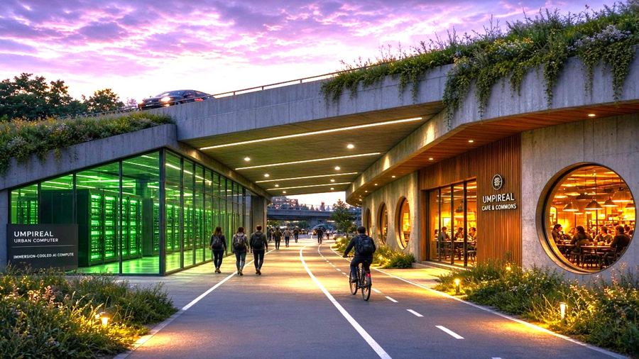 Render of compute rooms and a café facing each other across a path beneath a raised road
