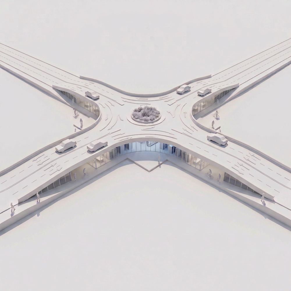 White study model of the free-flow roundabout, showing the raised roads and glazed rooms along the paths beneath them