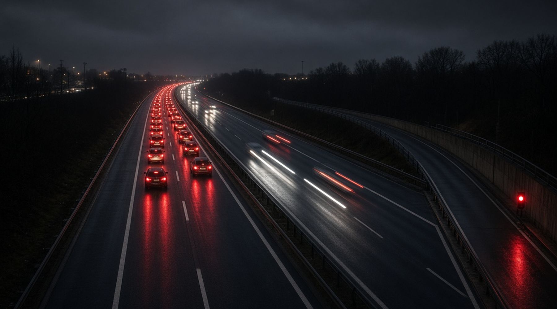 Night photograph of a motorway: one carriageway queued with brake lights behind a red signal, the other flowing freely