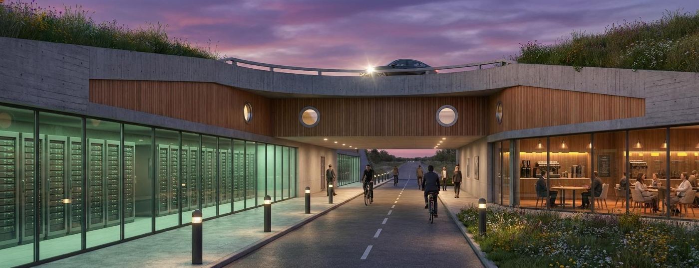 Render at dusk: a cycle path beneath a raised road, with glazed compute rooms on one side and a busy café on the other
