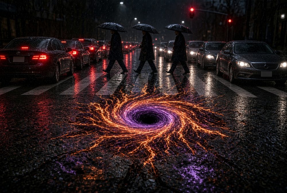 Illustration: pedestrians with umbrellas cross a rainy street at a red light while an orange and purple vortex swirls in the road, showing the energy lost at every stop