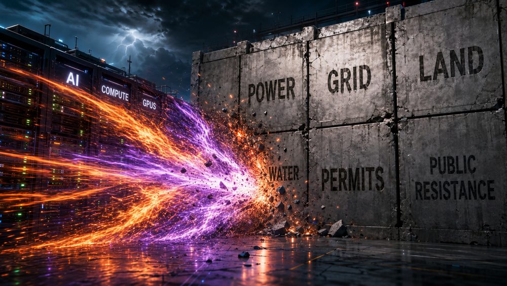 Illustration: an orange and purple stream of AI compute smashing into a concrete wall labelled power, grid, land, water, permits and public resistance
