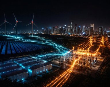 Illustration: wind turbines and solar farms feeding a congested substation beside a city at night