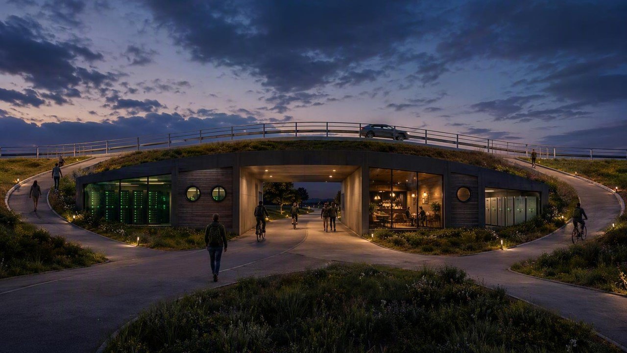 Pedestrian and cyclist route through an Umpireal node at dusk, compute halls visible behind glass, planted roof above