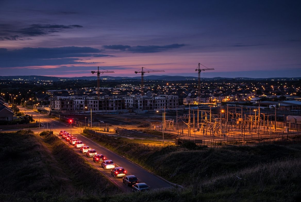 A growing town at dusk: cars queued at a red light beside a housing site with tower cranes and an electricity substation