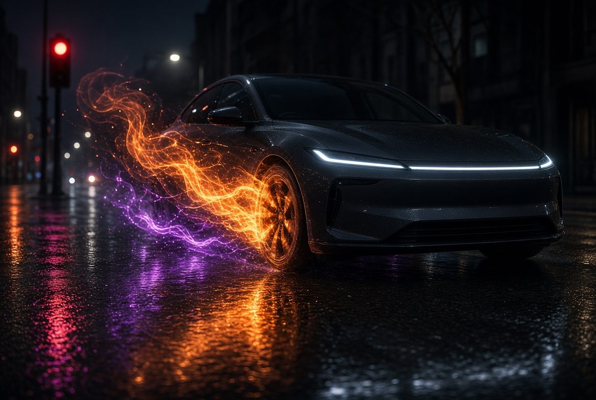 An electric car braking at a red light, orange heat escaping from its brakes and a thinner purple stream returning to the battery