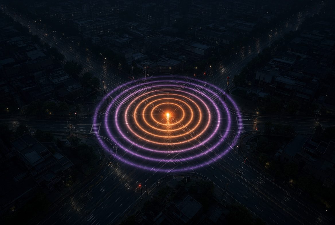 Aerial view of a city intersection at night with rings of orange and purple light rippling out from one point