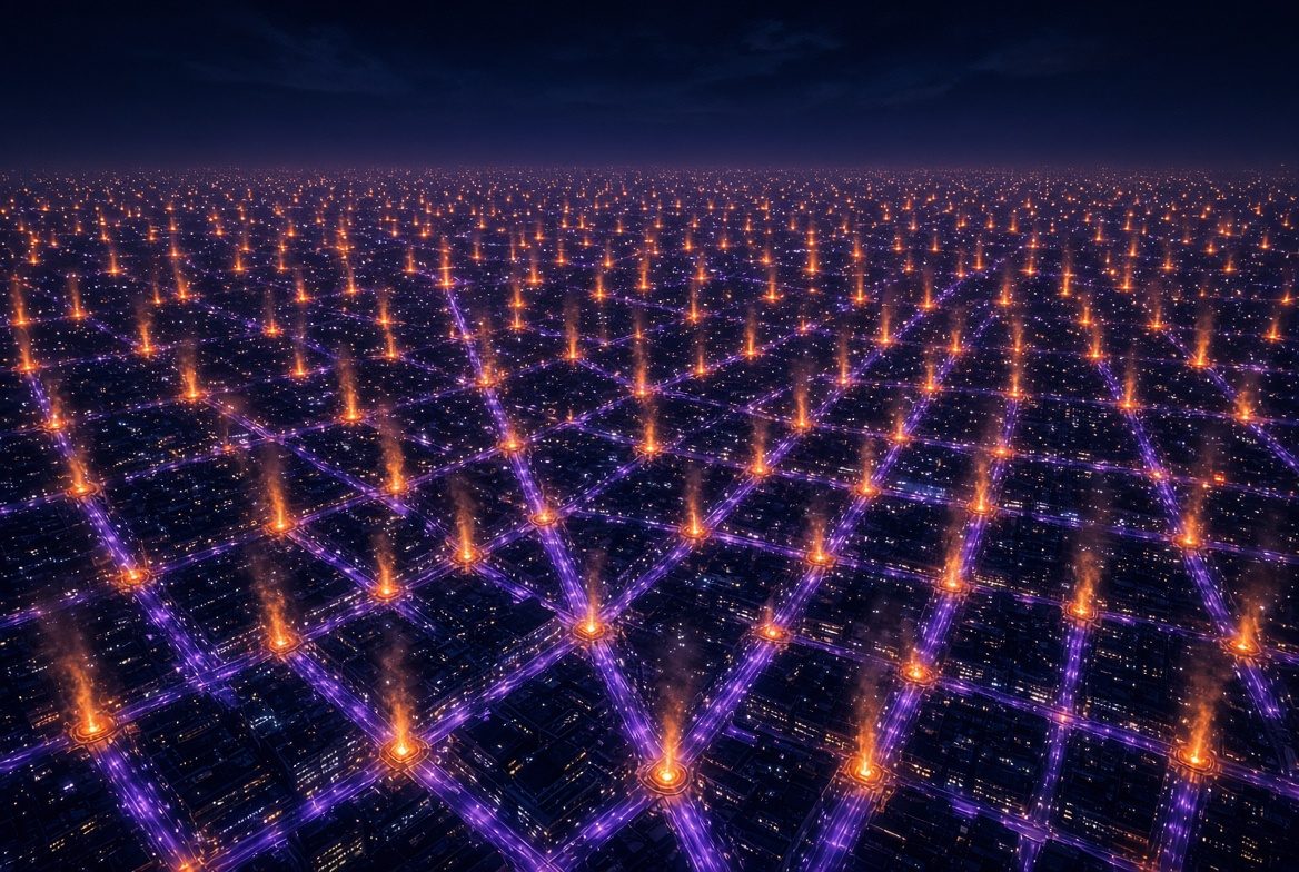 A city grid at night with heat rising from every junction while the roads between glow purple