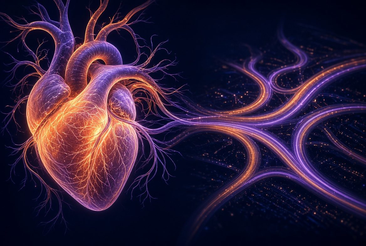 A glowing human heart whose blood vessels turn into free-flowing roads