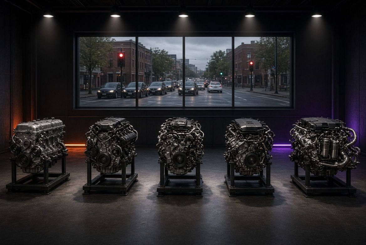 A row of engines from different eras in a test hall, with traffic still queued at a red light outside the window