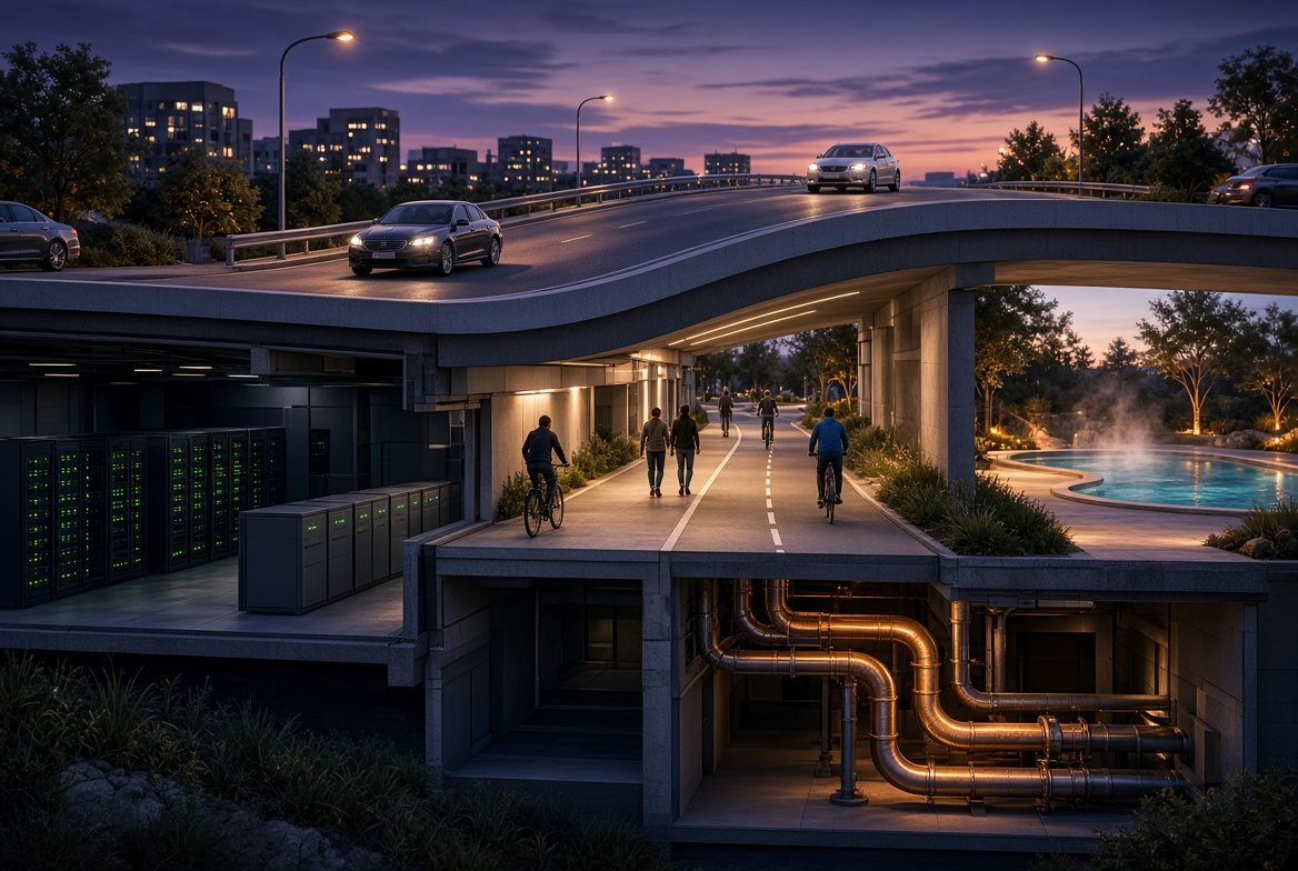 Cutaway of a raised road junction: cars above, a path for walkers and cyclists below, compute and batteries beside it, and warm pipes feeding a heated pool