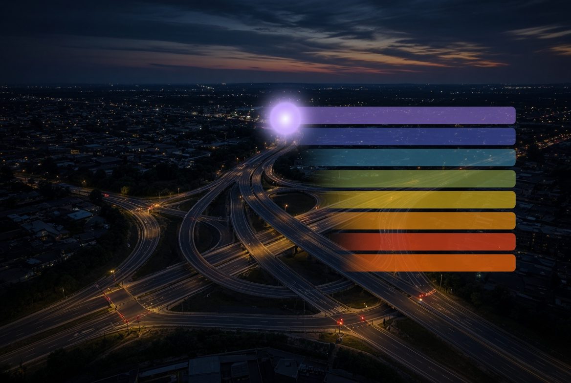 A road interchange at dusk overlaid with an efficiency rating scale, a free-flow junction glowing at the top