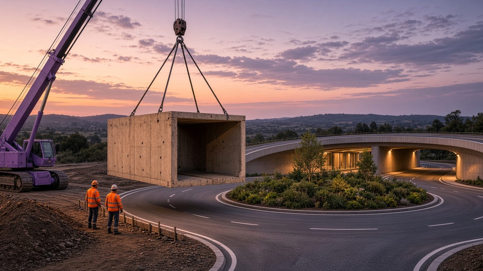 A crane lowers a precast concrete box section beside a raised free-flow junction at dusk while two road workers look on