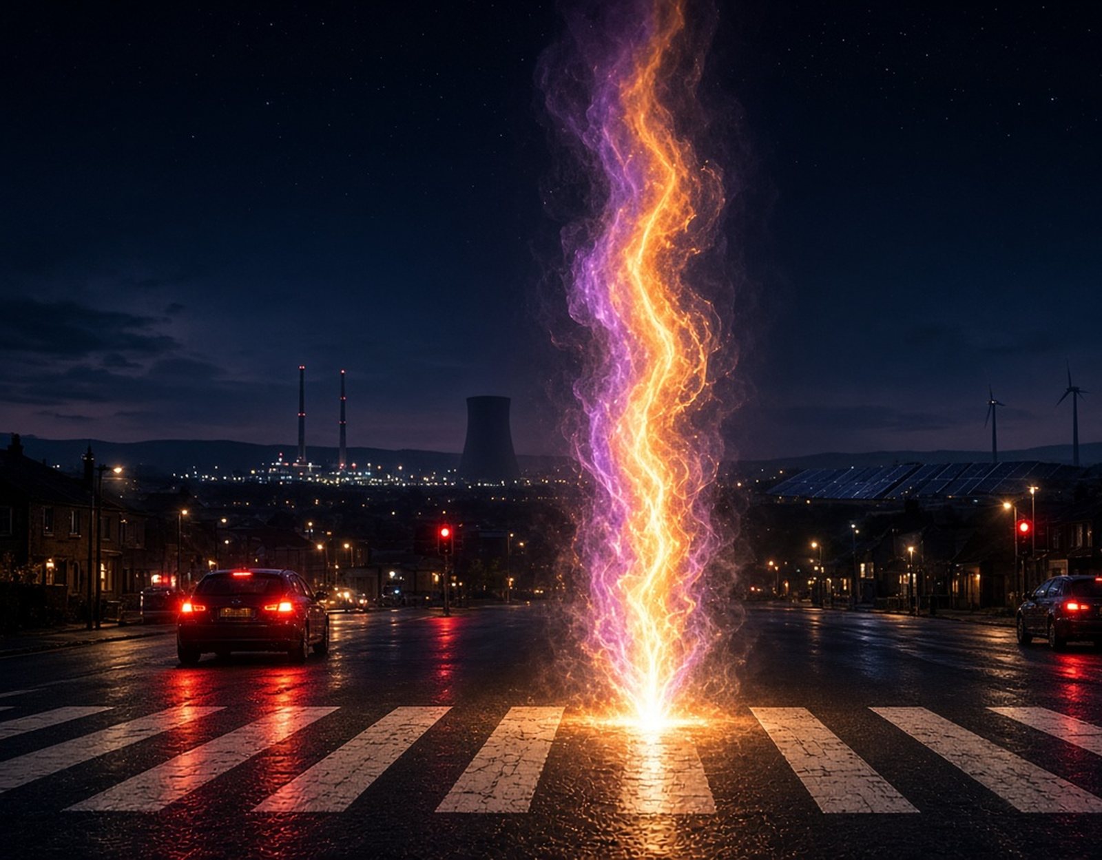 A column of orange and purple energy rising from a zebra crossing at night, taller than the power station, solar farm and wind turbines on the horizon