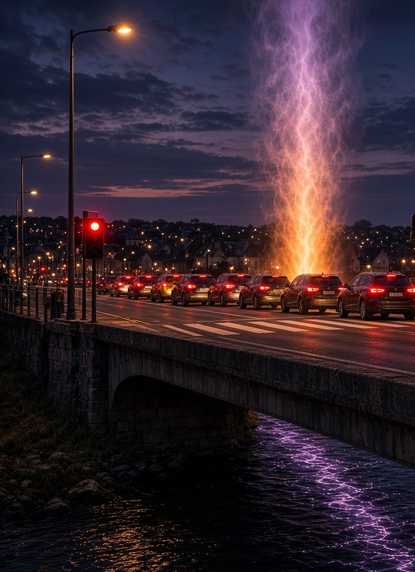 A queue of cars at a red light on a stone bridge at dusk, a column of orange and purple energy rising from the crossing ahead, the river below glowing purple